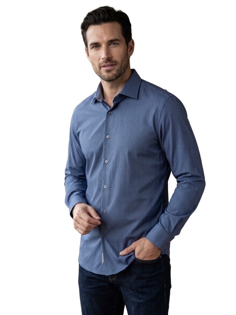 Bugatchi OoohCotton James Shirt Mens Large L Blue 8 Way Stretch Geometric